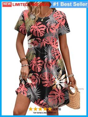 Spring Short Sleeve Crew Neck Casual Maternity Dress with Pockets